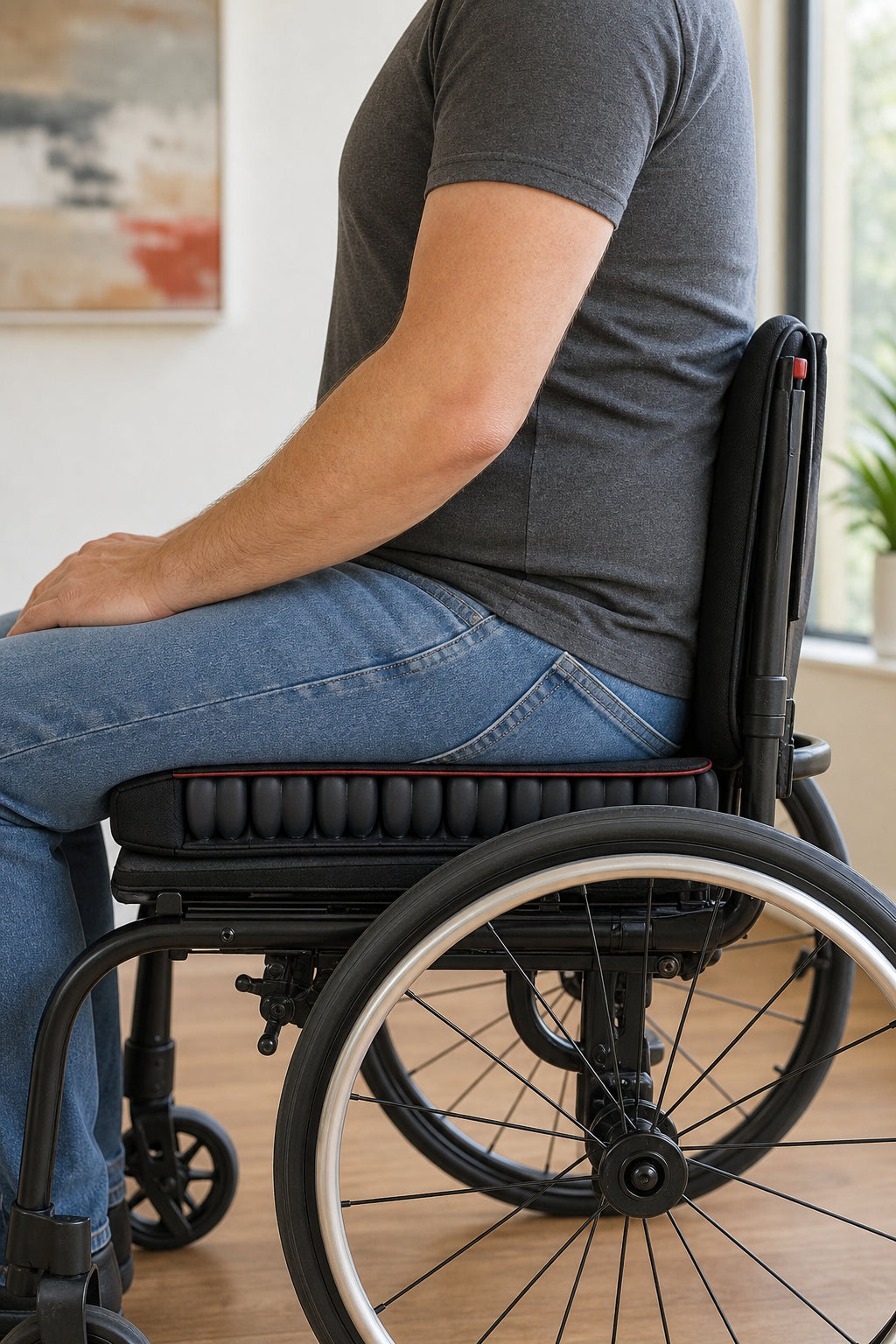 A person sitting in a manual wheelchair on a ROHO Low Profile cushion, side view showing the slim profile and air cells. Alt: ROHO Low Profile cushion in use on a manual wheelchair.