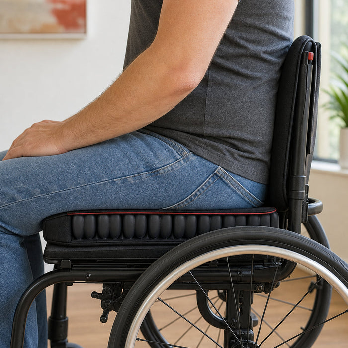 A person sitting in a manual wheelchair on a ROHO Low Profile cushion, side view showing the slim profile and air cells. Alt: ROHO Low Profile cushion in use on a manual wheelchair.